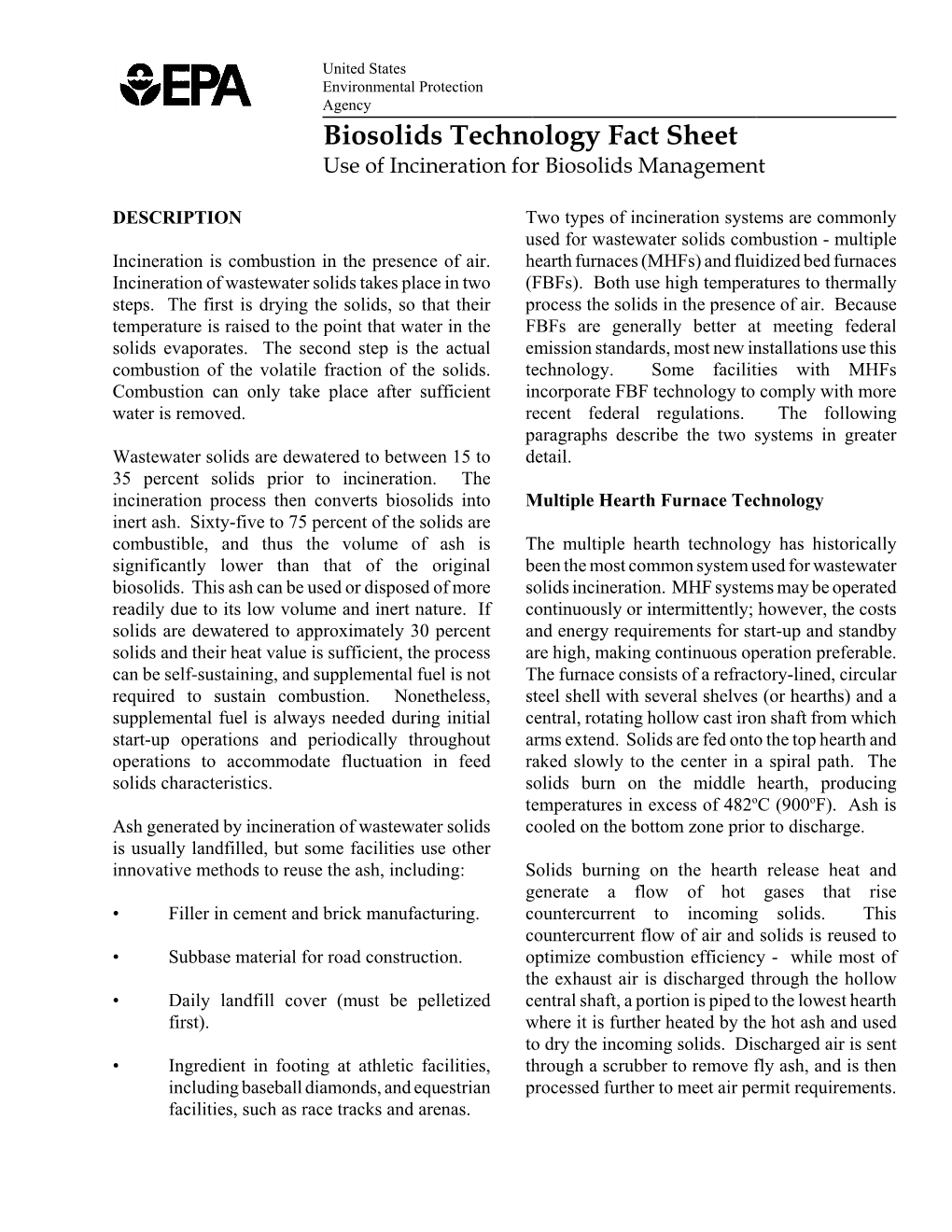 Fact Sheet: Use of Incineration for Biosolids Management