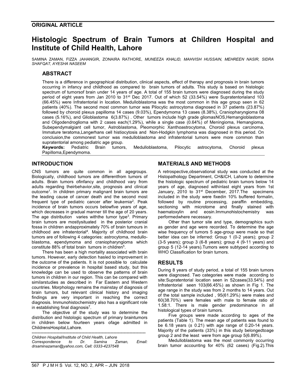 Histologic Spectrum of Brain Tumors at Children Hospital and Institute of Child Health, Lahore