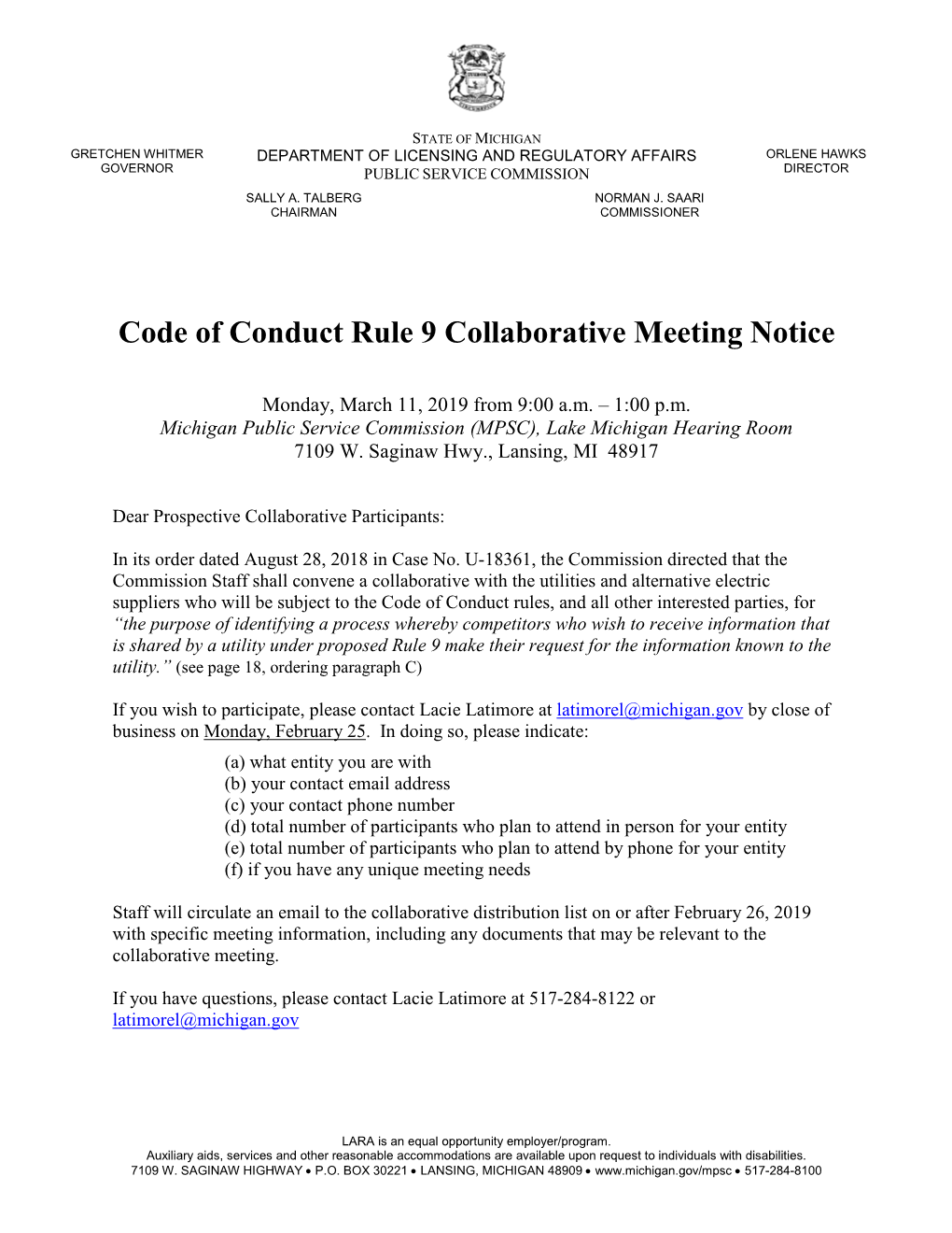 Code of Conduct Rule 9 Collaborative Meeting Notice