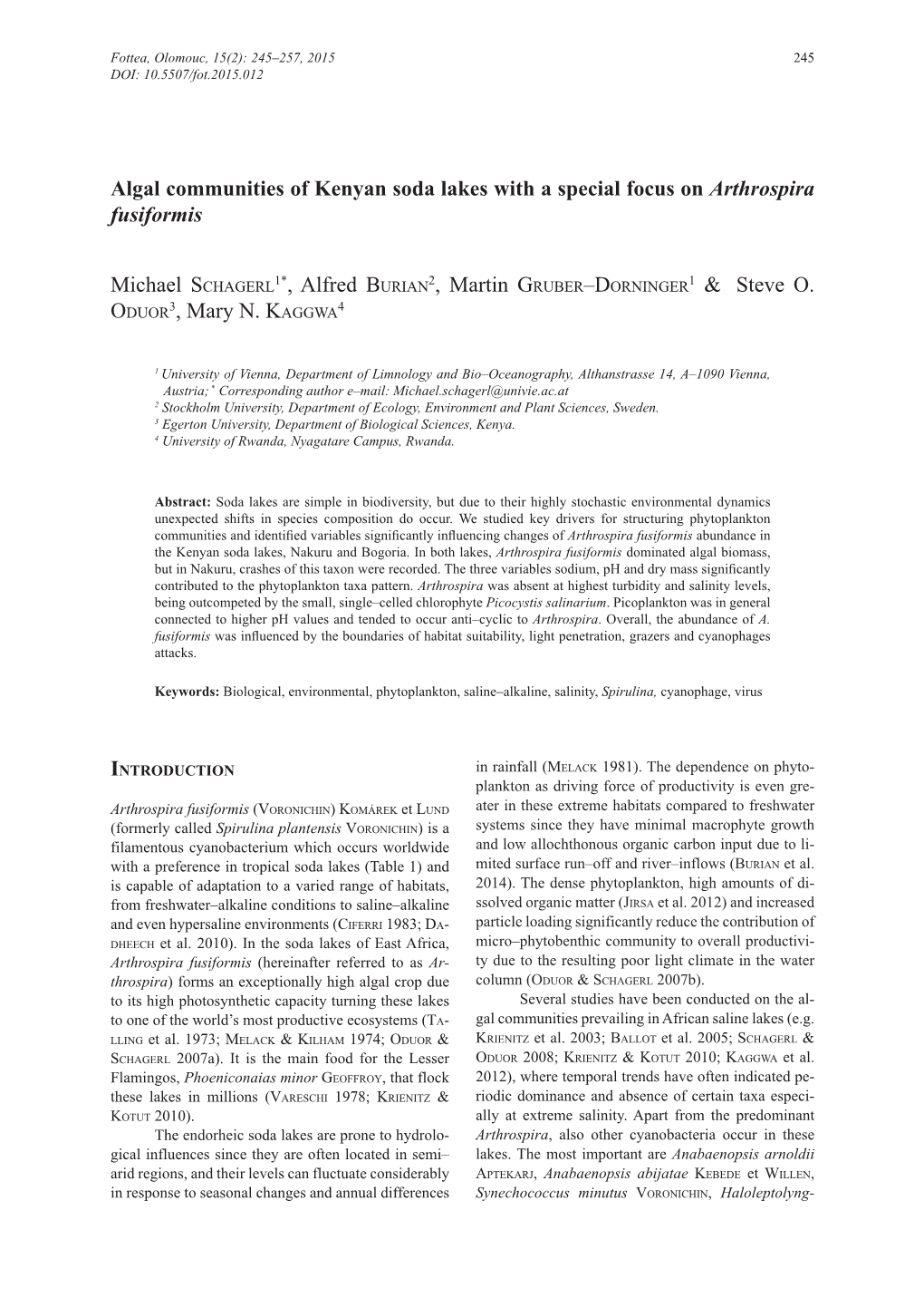 Algal Communities of Kenyan Soda Lakes with a Special Focus on Arthrospira Fusiformis