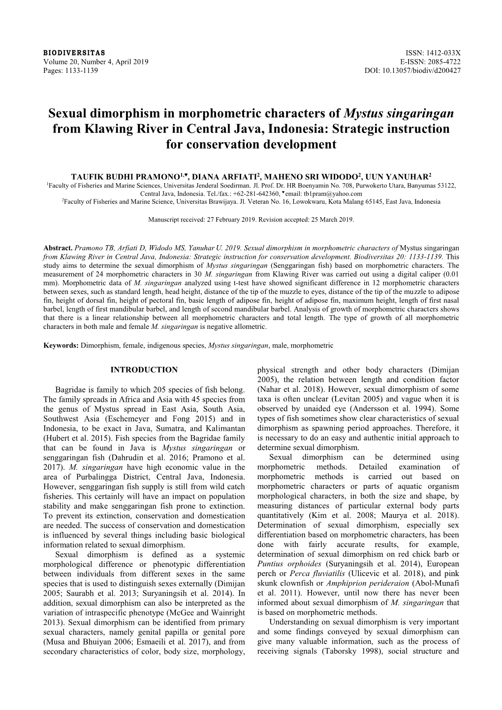 Sexual Dimorphism in Morphometric Characters of Mystus Singaringan from Klawing River in Central Java, Indonesia: Strategic Instruction for Conservation Development