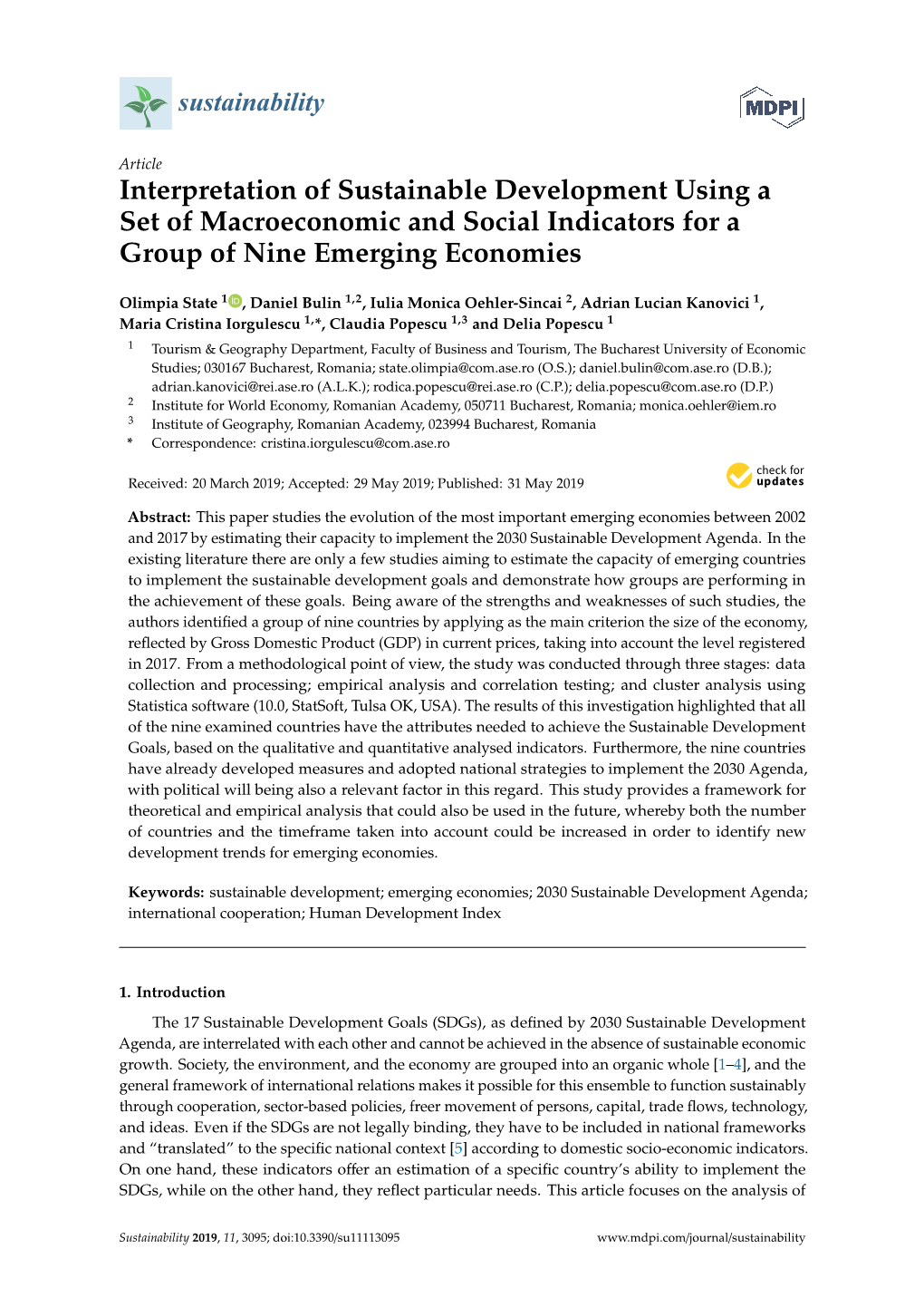 Interpretation of Sustainable Development Using a Set of Macroeconomic and Social Indicators for a Group of Nine Emerging Economies