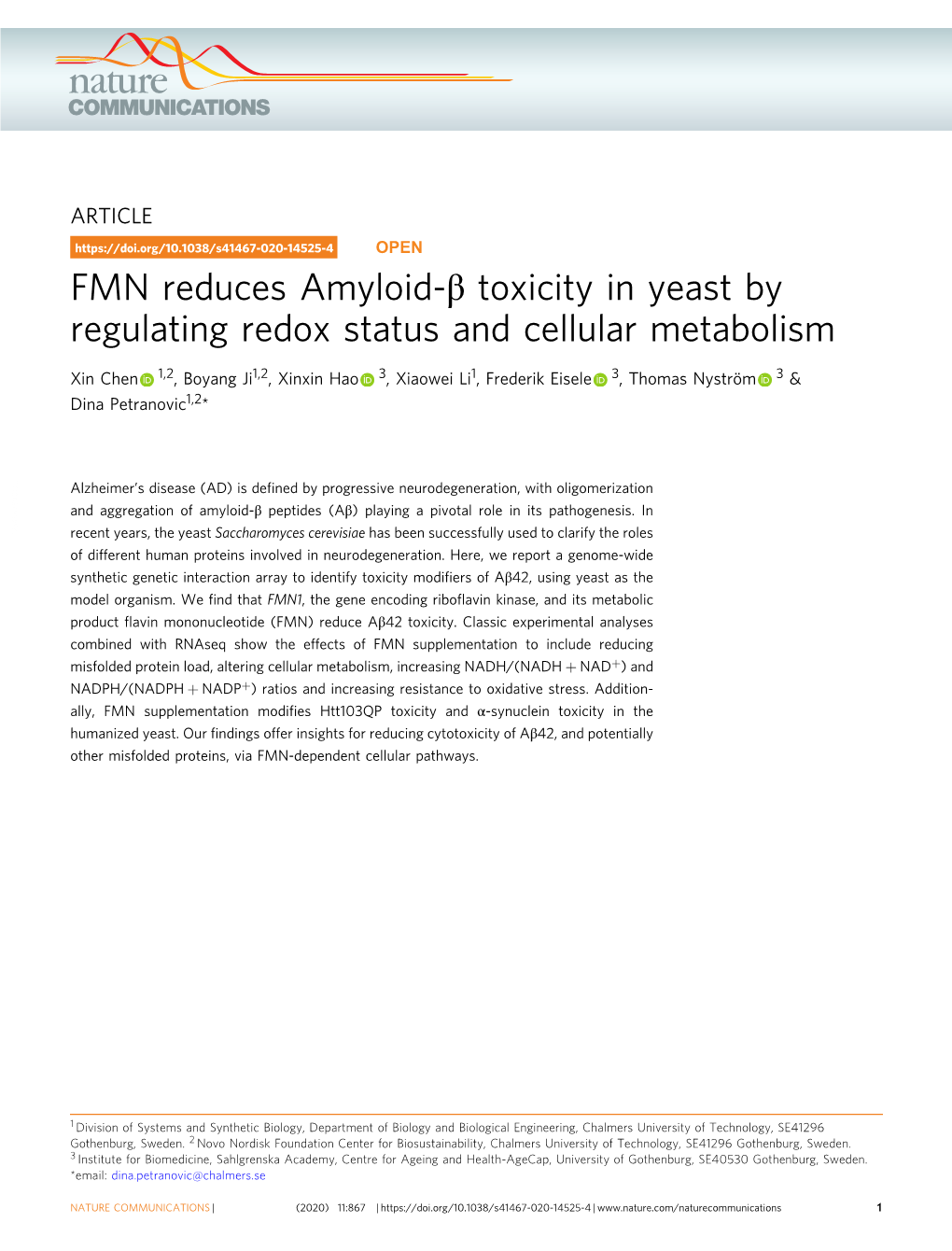 FMN Reduces Amyloid-Î² Toxicity in Yeast by Regulating Redox Status