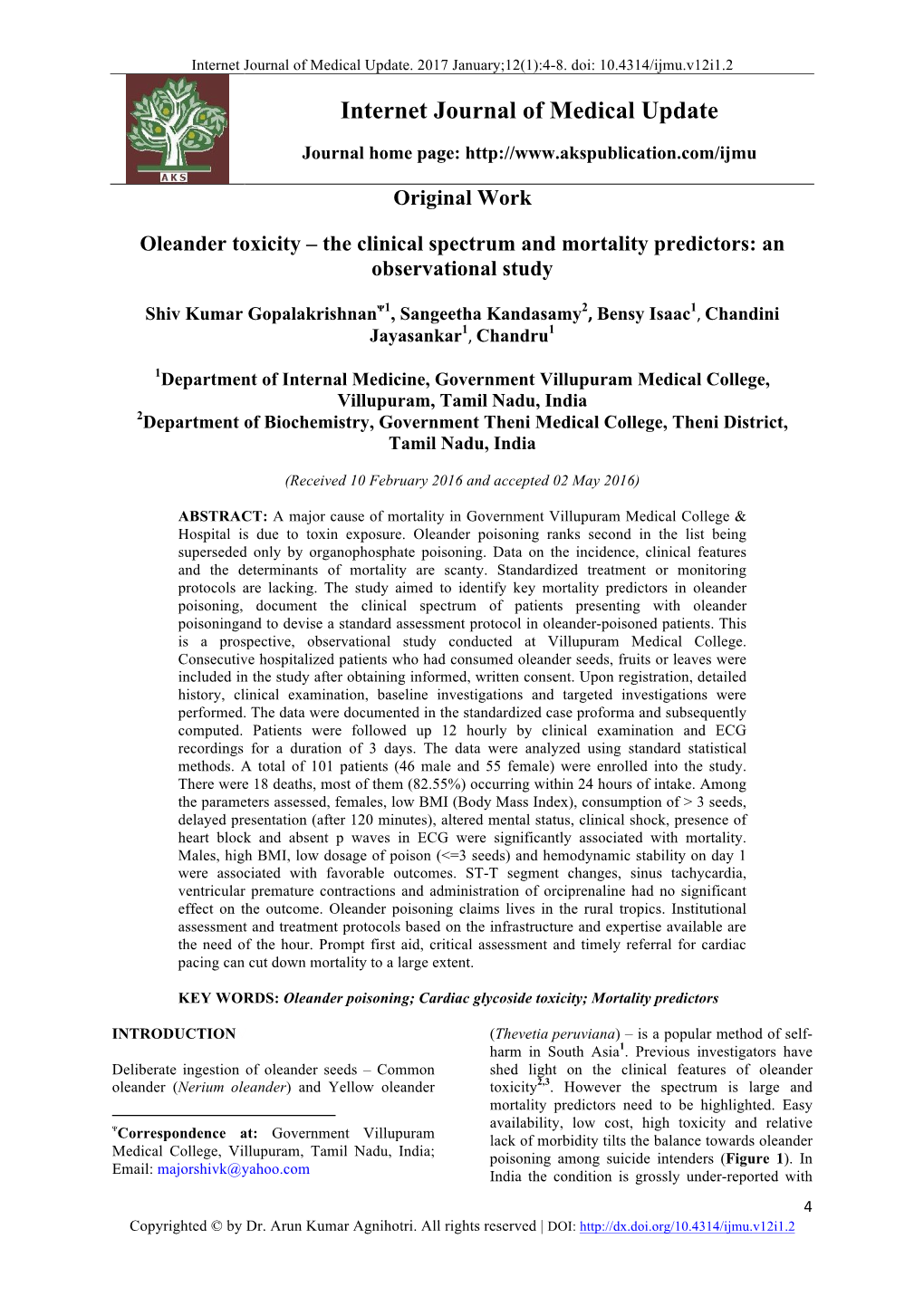Oleander Toxicity – the Clinical Spectrum and Mortality Predictors: an Observational Study
