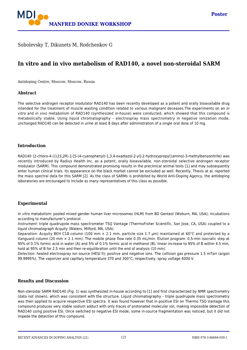 In Vitro and in Vivo Metabolism of RAD140, a Novel Non-Steroidal SARM