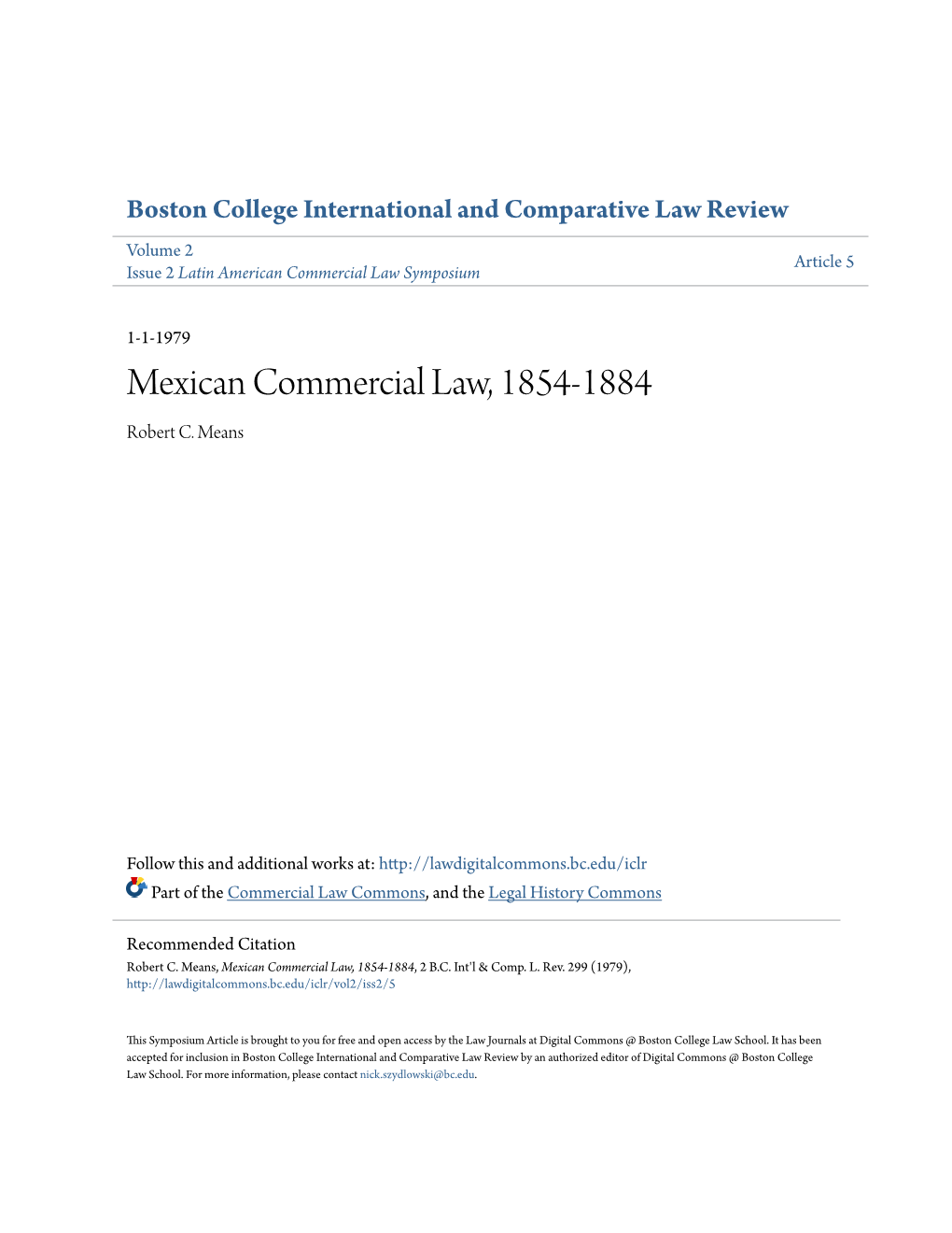 Mexican Commercial Law, 1854-1884 Robert C