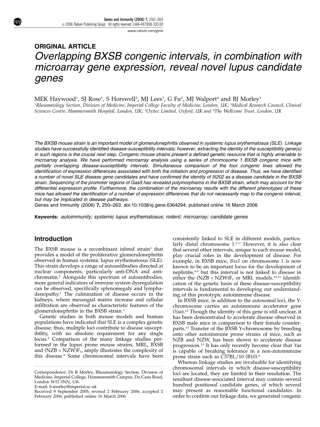 Overlapping BXSB Congenic Intervals, in Combination with Microarray Gene Expression, Reveal Novel Lupus Candidate Genes