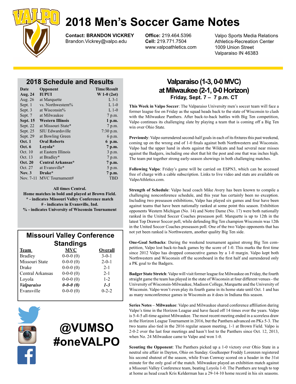 2018 Men's Soccer Game Notes @VUMSO #Onevalpo