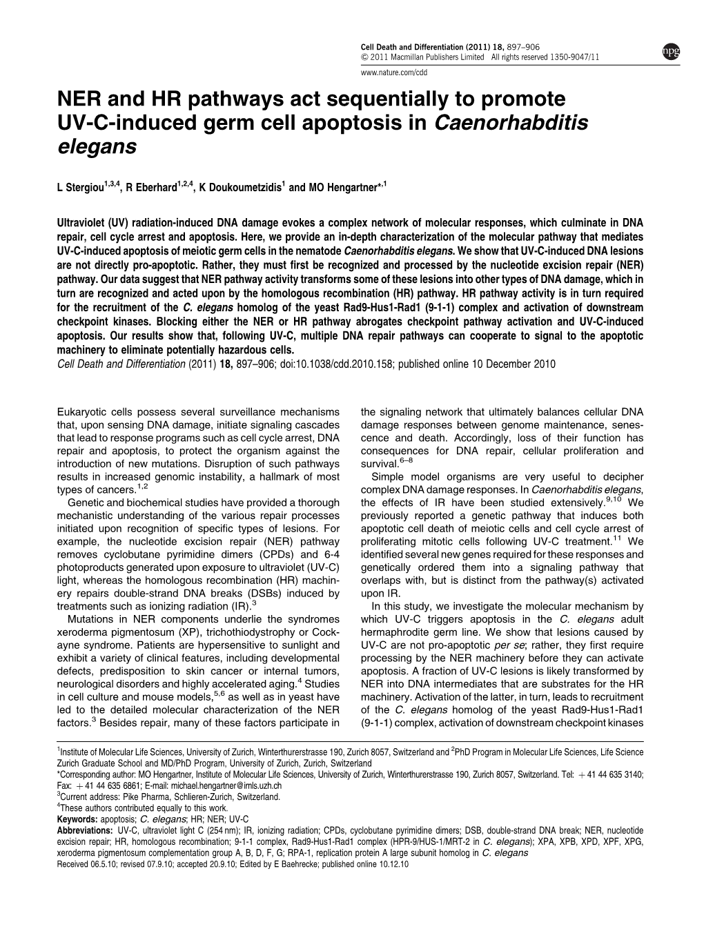 NER and HR Pathways Act Sequentially to Promote UV-C-Induced Germ Cell Apoptosis in Caenorhabditis Elegans