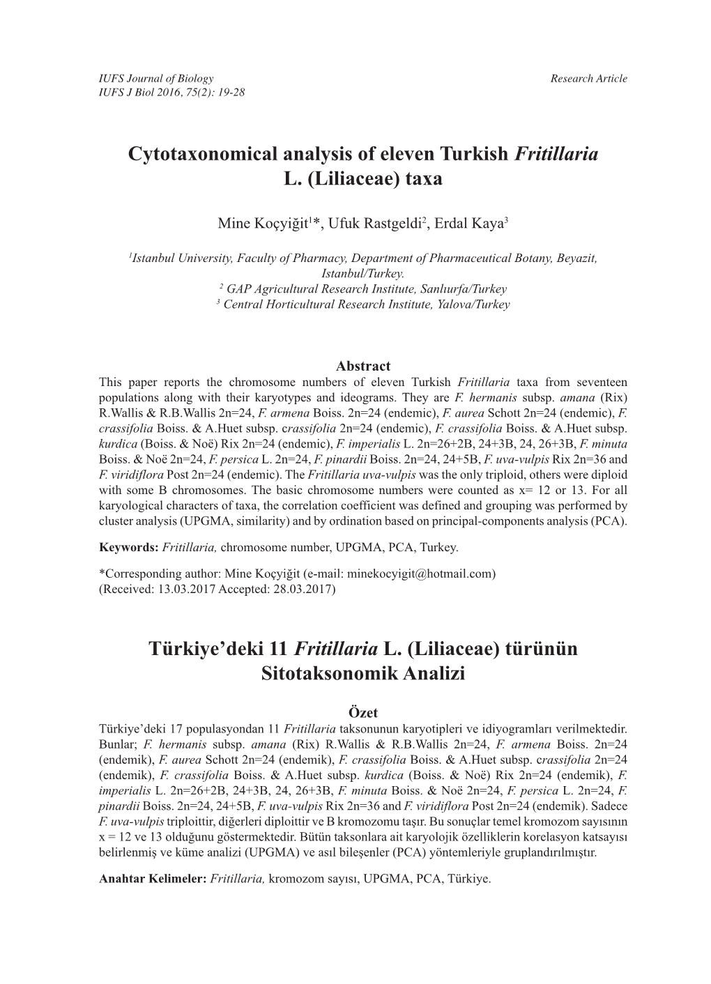 Cytotaxonomical Analysis of Eleven Turkish Fritillaria L