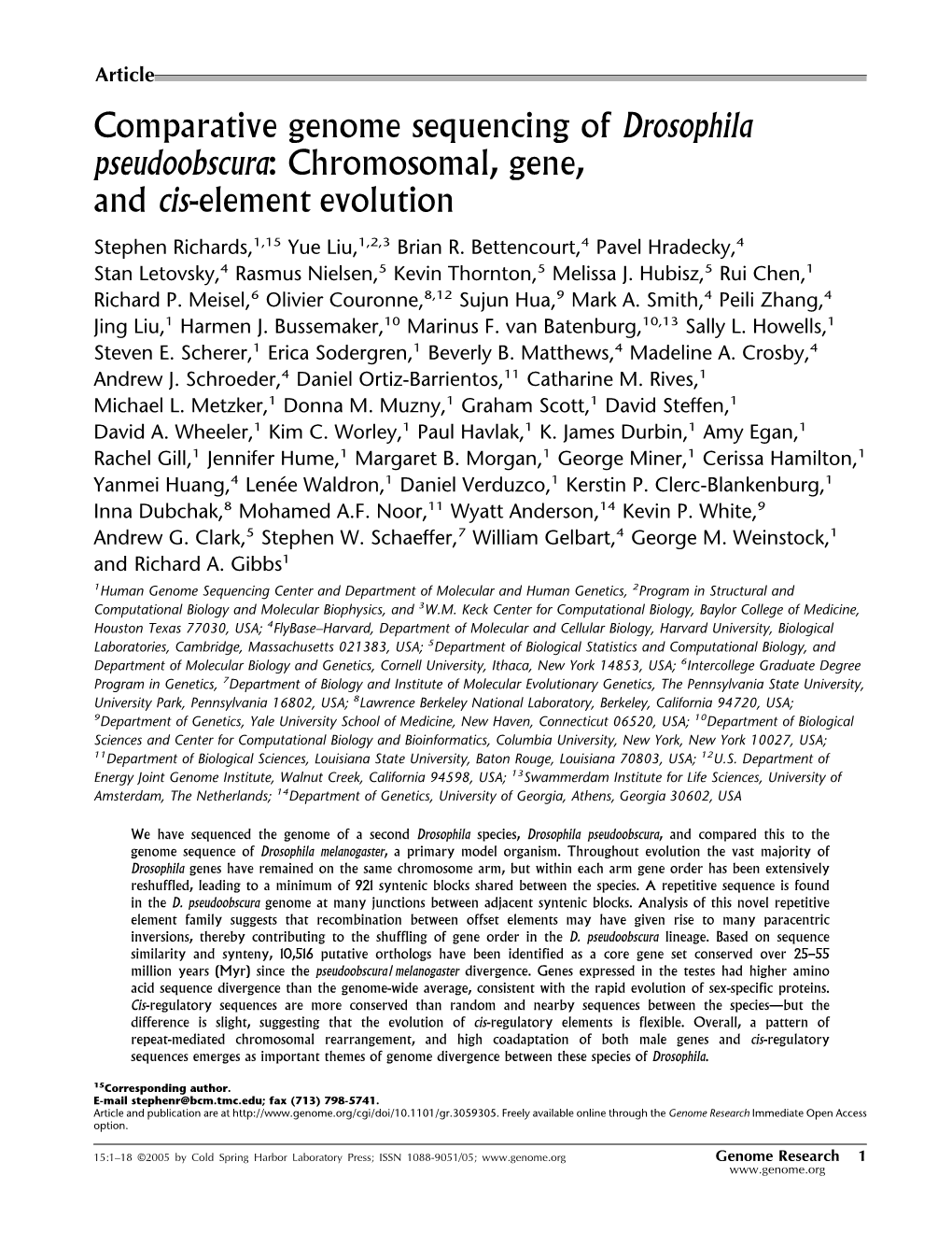 Comparative Genome Sequencing of Drosophila Pseudoobscura: Chromosomal, Gene, and Cis-Element Evolution