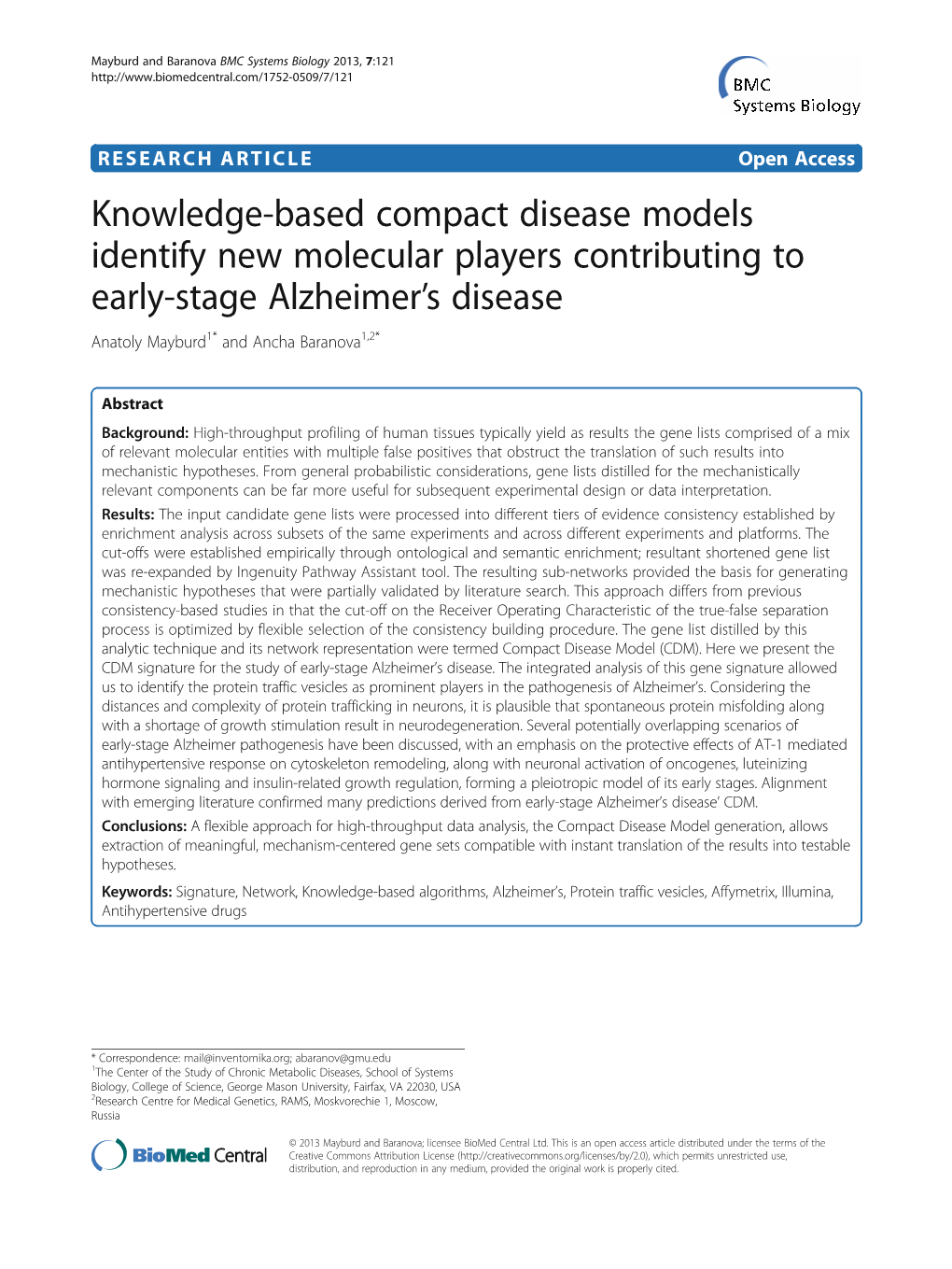 Knowledge-Based Compact Disease Models Identify New Molecular Players Contributing to Early-Stage Alzheimer’S Disease Anatoly Mayburd1* and Ancha Baranova1,2*