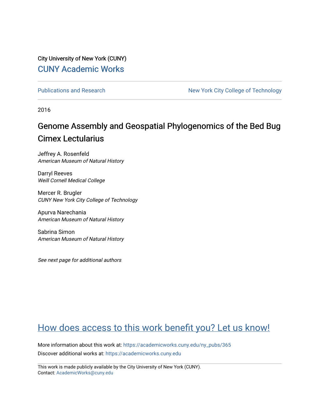 Genome Assembly and Geospatial Phylogenomics of the Bed Bug Cimex Lectularius