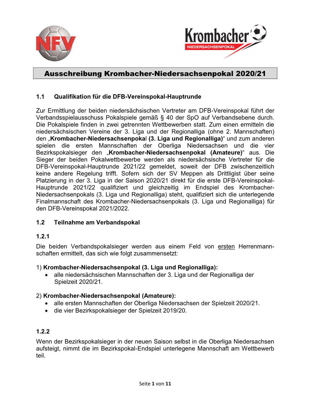 Ausschreibung Krombacher-Niedersachsenpokal 2020/21