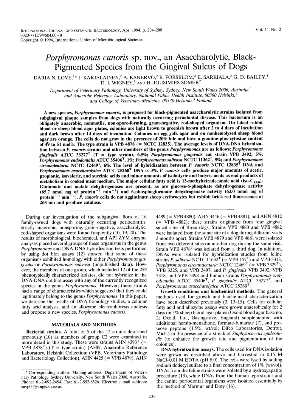 Porphyromonas Canoris Sp. Nov., an Asaccharolytic, Black- Pigmented Species from the Gingival Sulcus of Dogs DARIA N