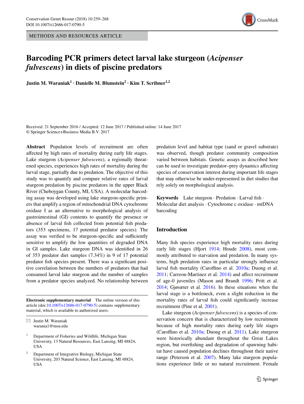 Barcoding PCR Primers Detect Larval Lake Sturgeon (Acipenser Fulvescens) in Diets of Piscine Predators