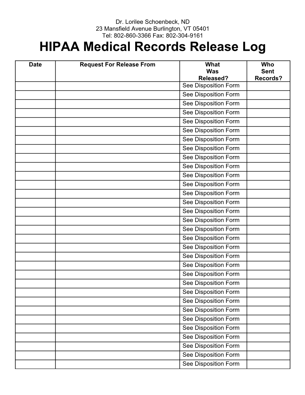 HIPPA Medical Records Release Log