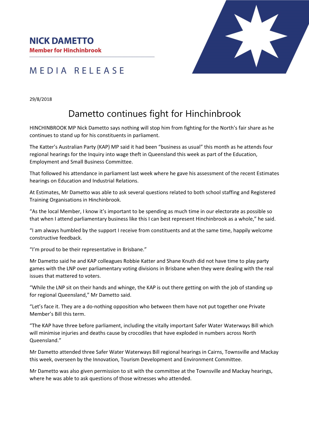 Dametto Continues Fight for Hinchinbrook