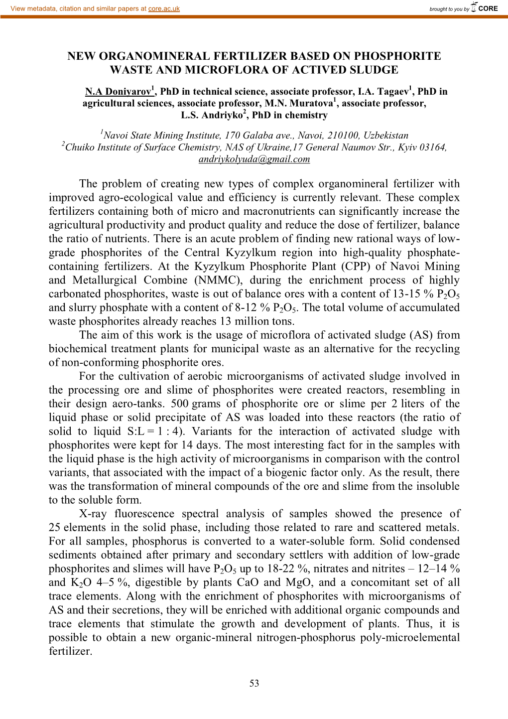 New Organomineral Fertilizer Based on Phosphorite Waste and Microflora of Actived Sludge