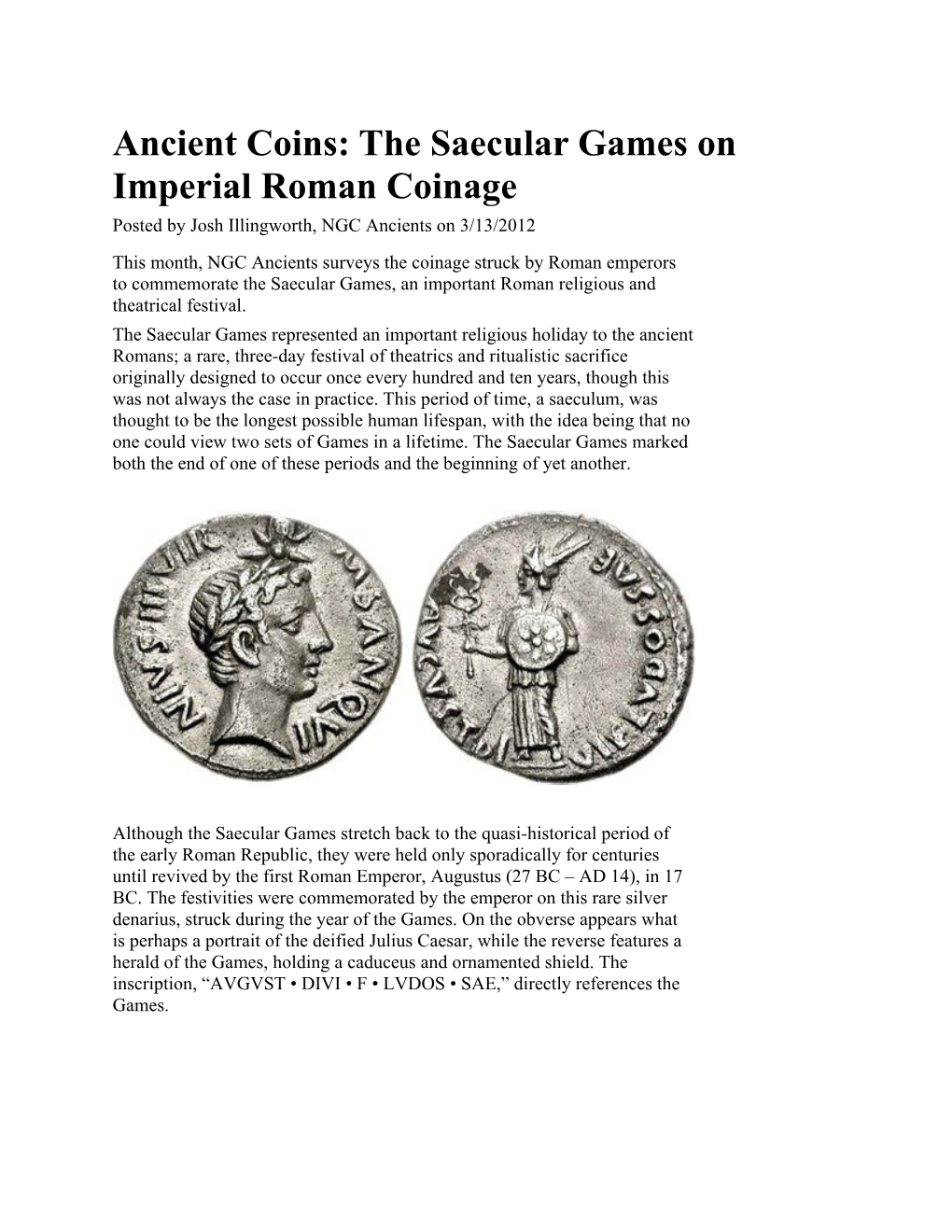 The Saecular Games on Imperial Roman Coinage