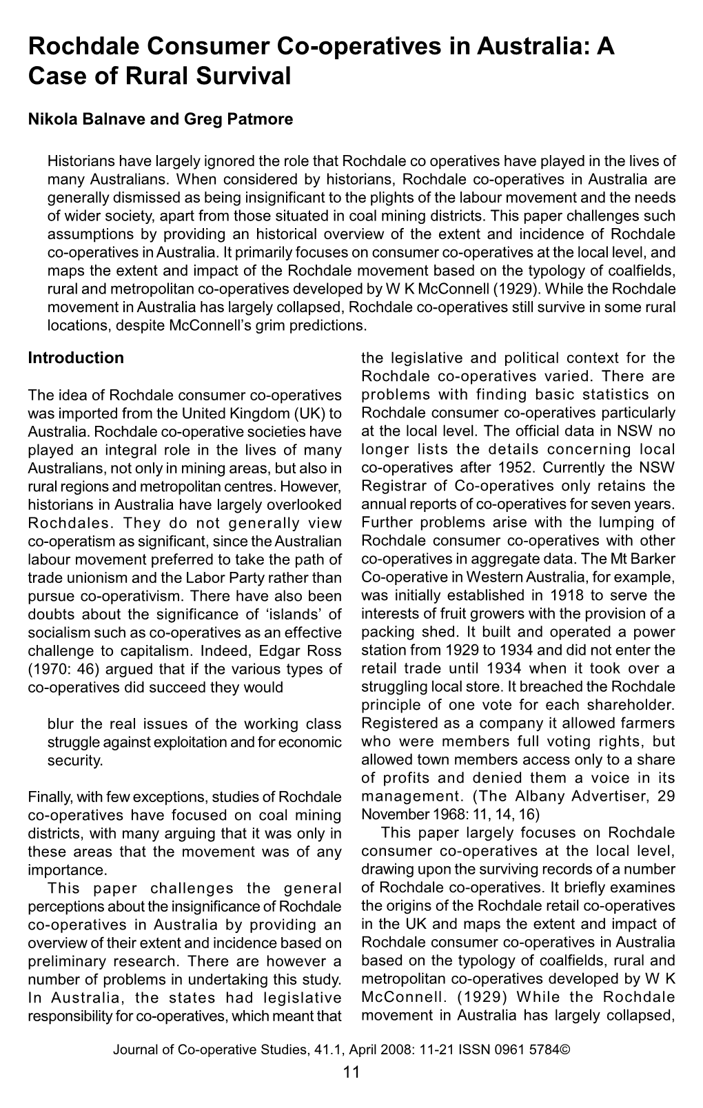 Rochdale Consumer Co-Operatives in Australia: a Case of Rural Survival