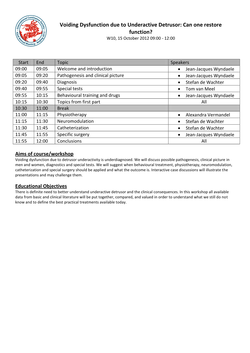 Voiding Dysfunction Due to Underactive Detrusor: Can One Restore Function? W10, 15 October 2012 09:00 - 12:00