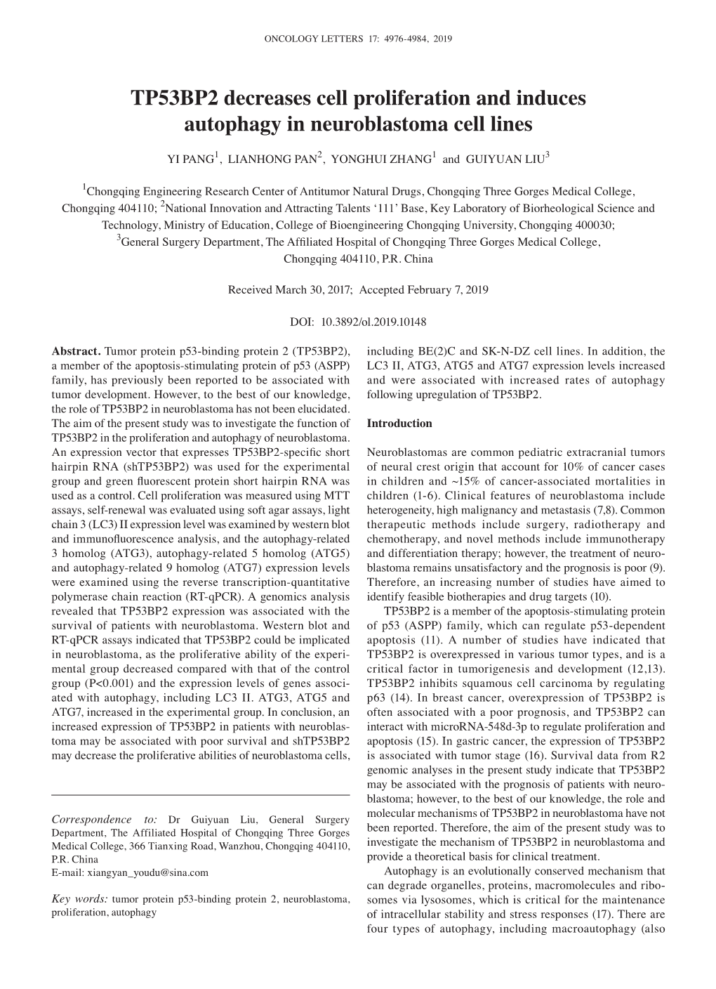 TP53BP2 Decreases Cell Proliferation and Induces Autophagy in Neuroblastoma Cell Lines