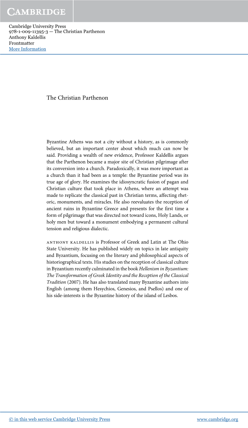 The Christian Parthenon Anthony Kaldellis Frontmatter More Information