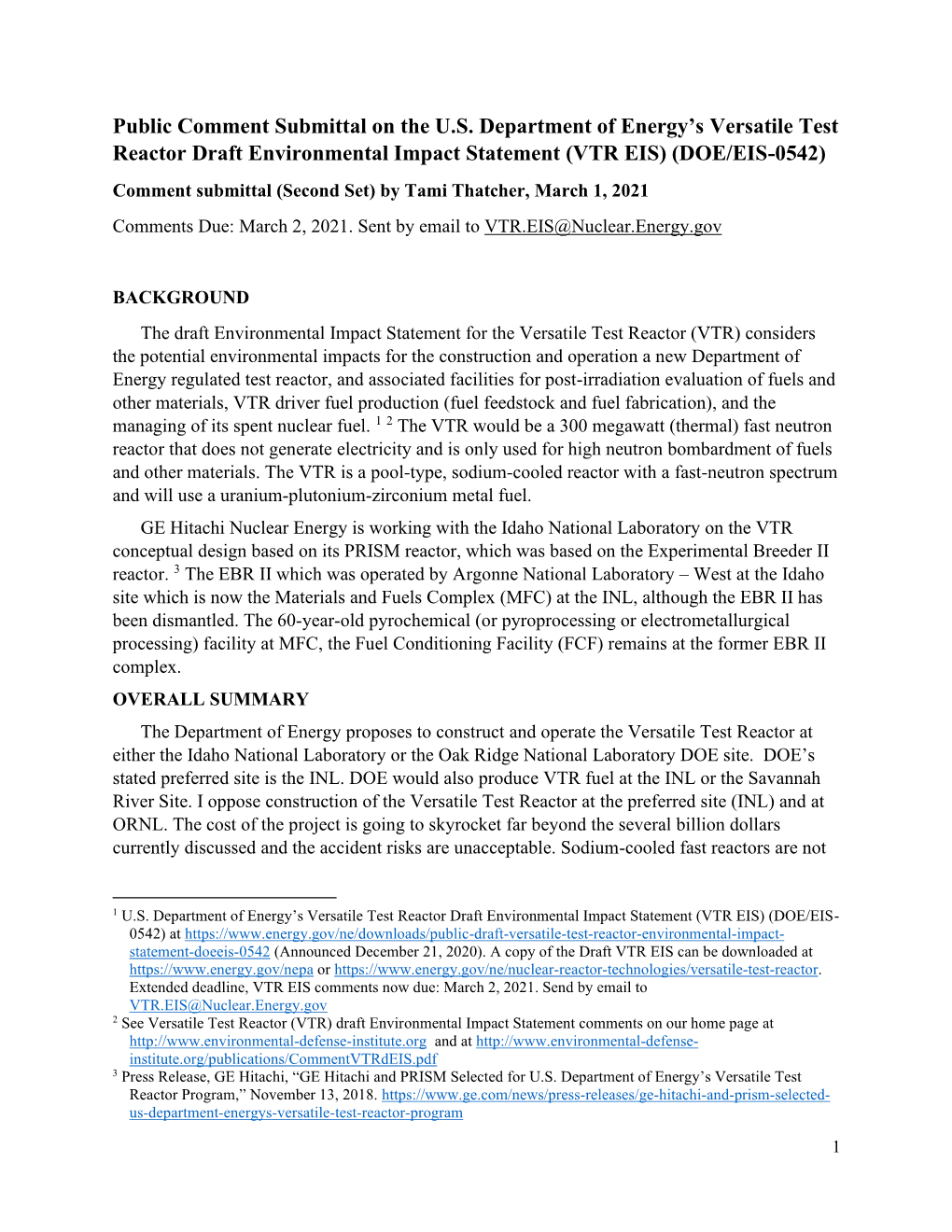 Public Comment Submittal on the U.S. Department of Energy's Versatile Test Reactor Draft Environmental Impact Statement (VTR E