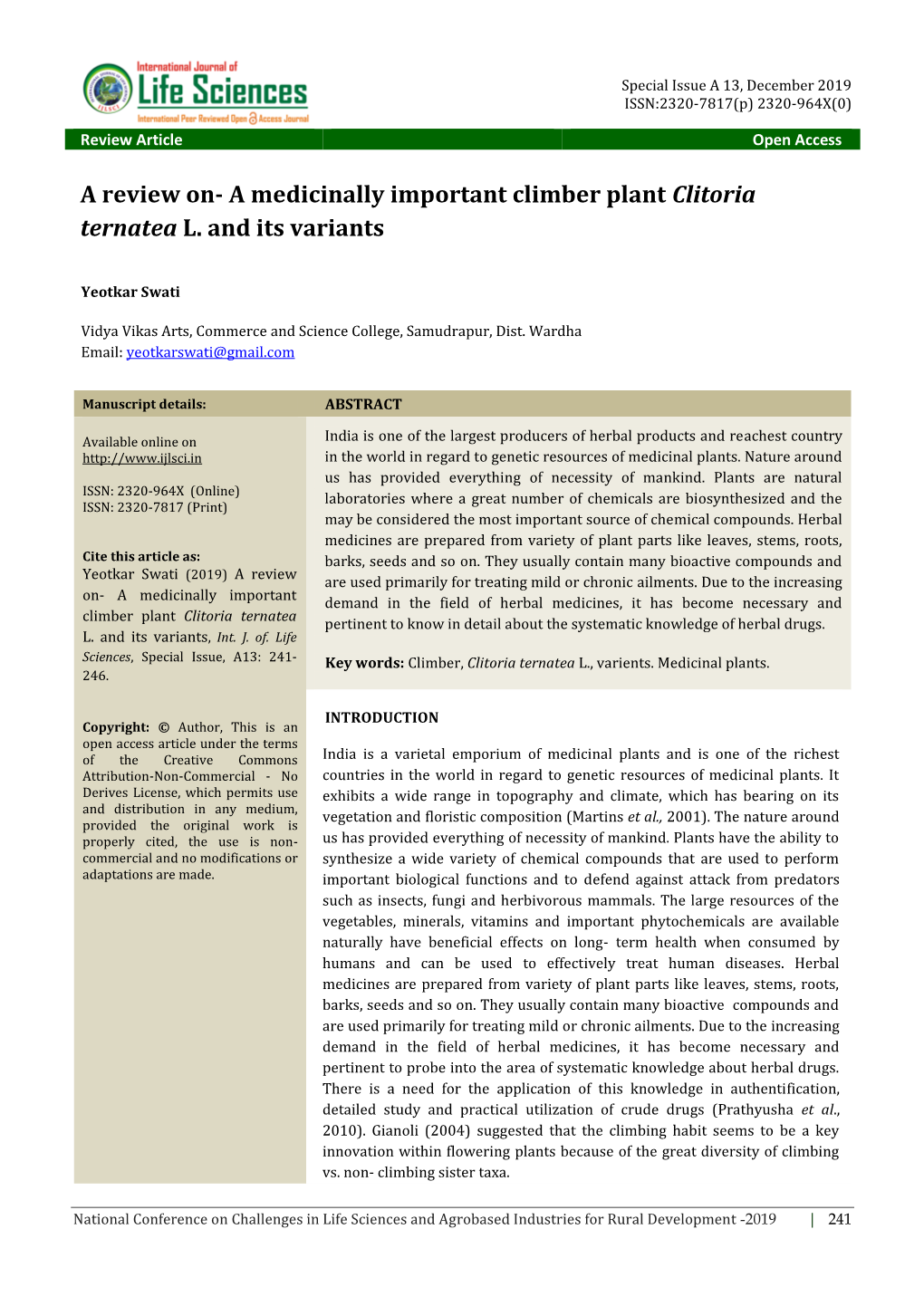 A Medicinally Important Climber Plant Clitoria Ternatea L. and Its Variants