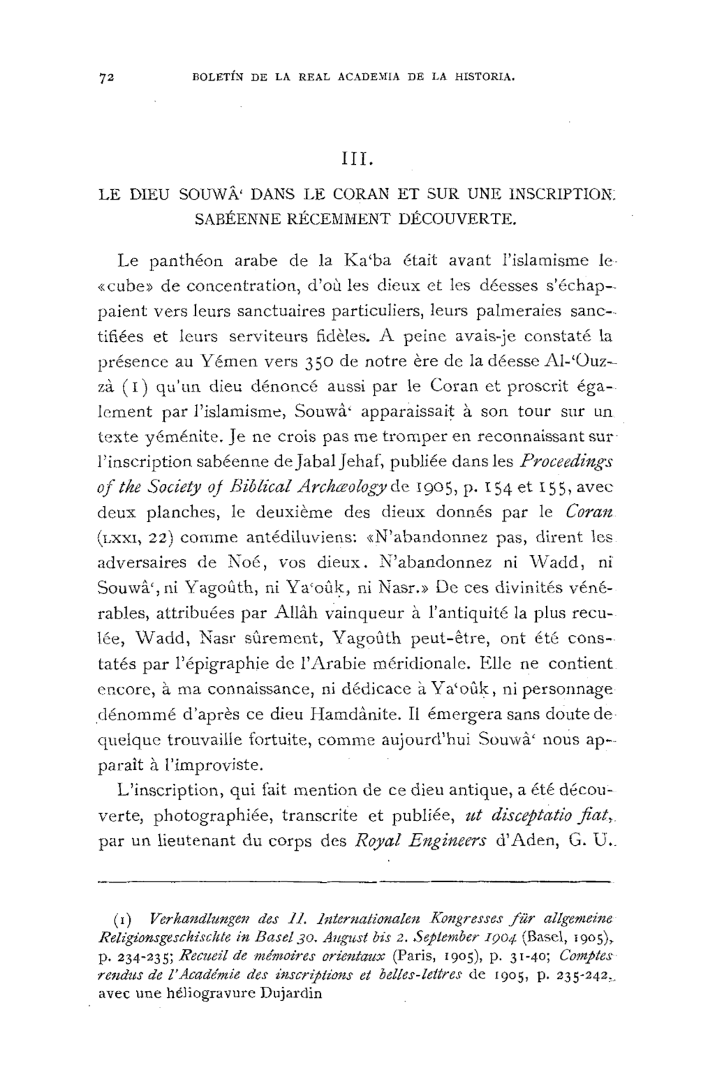 Le Dieu Souwâ' Dans Le Coran Et Sur Une Inscription; Sabéenne Récemment Découverte