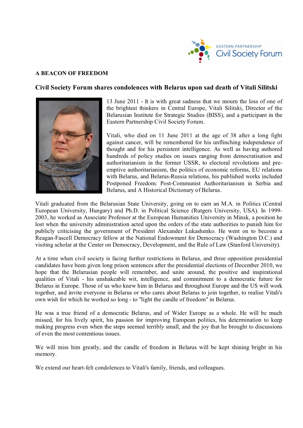 Civil Society Forum Shares Condolences with Belarus Upon Sad Death of Vitali Silitski