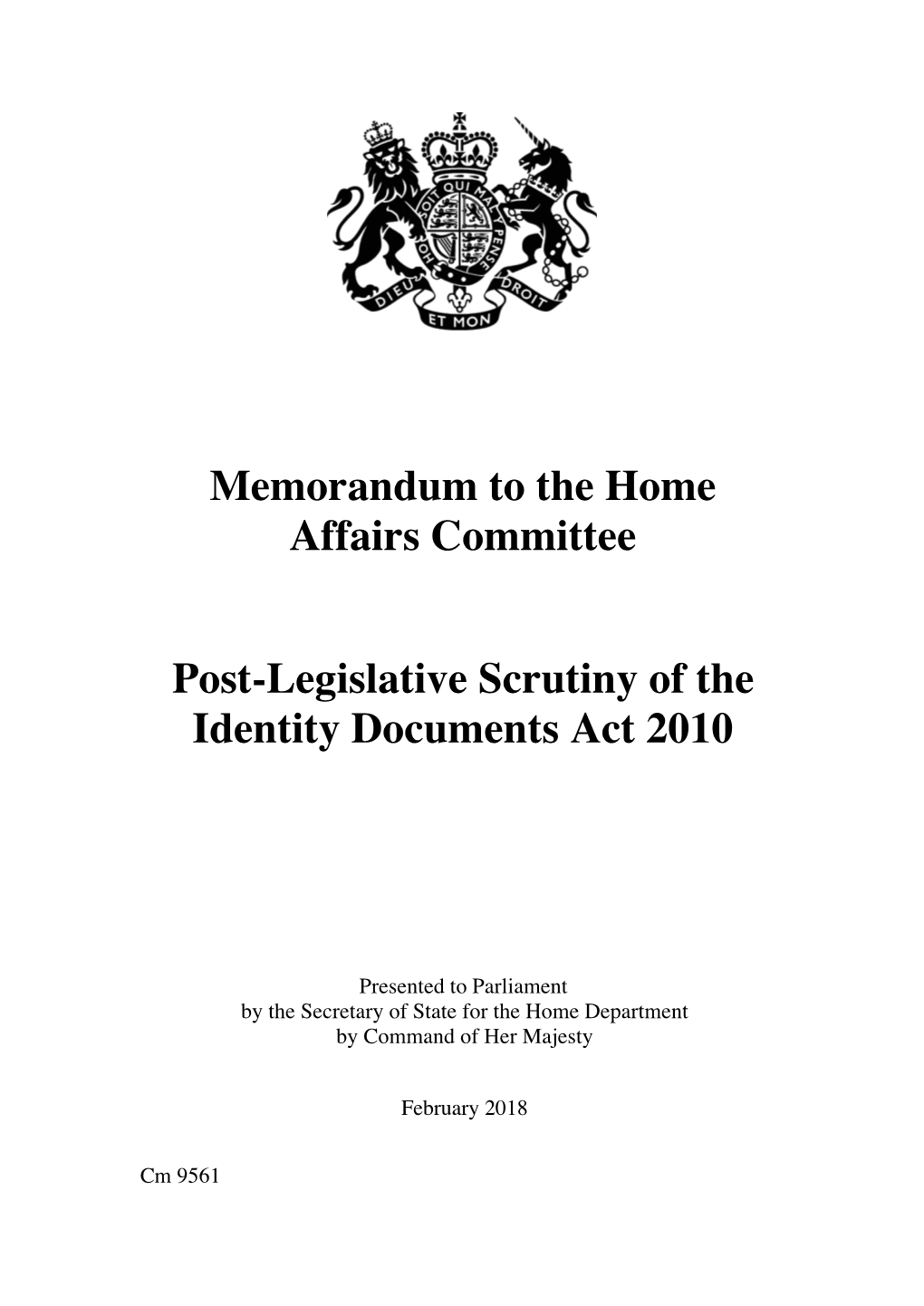 Post-Legislative Scrutiny of the Identity Documents Act 2010