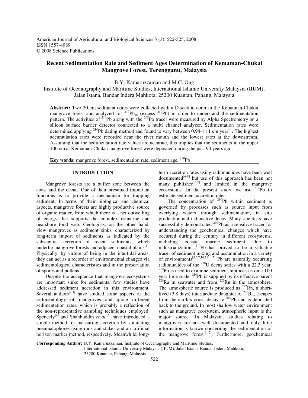 Recent Sedimentation Rate and Sediment Ages Determination of Kemaman-Chukai Mangrove Forest, Terengganu, Malaysia