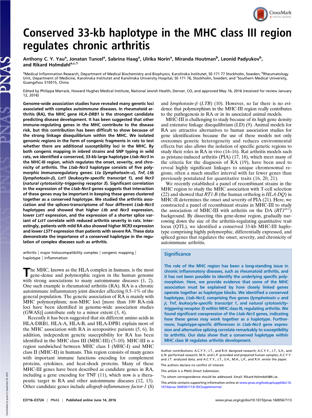 Conserved 33-Kb Haplotype in the MHC Class III Region Regulates Chronic Arthritis