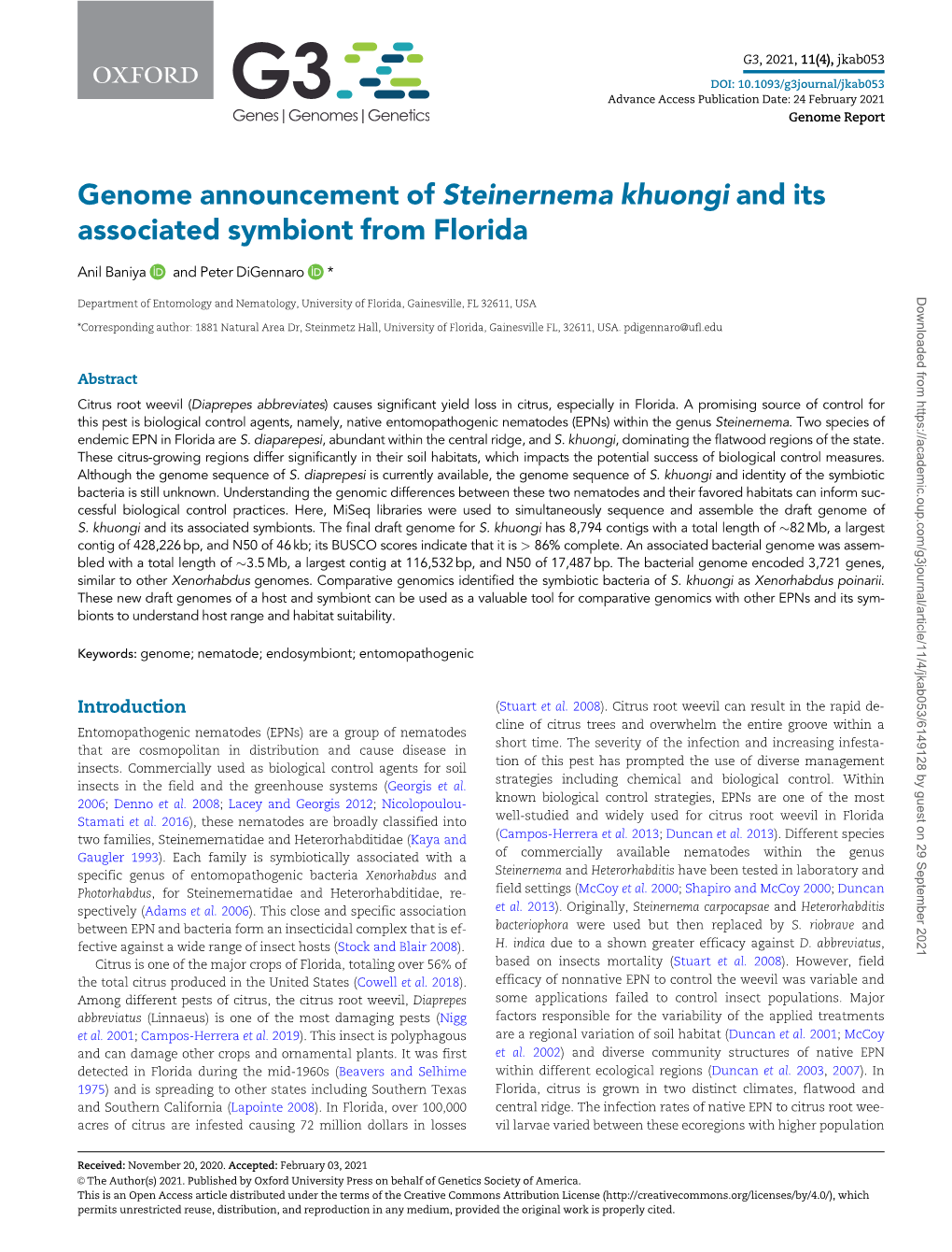 Genome Announcement of Steinernema Khuongi and Its Associated Symbiont from Florida