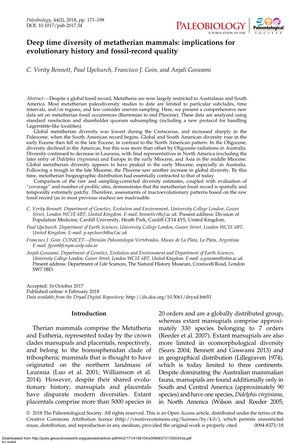 Deep Time Diversity of Metatherian Mammals: Implications for Evolutionary History and Fossil-Record Quality