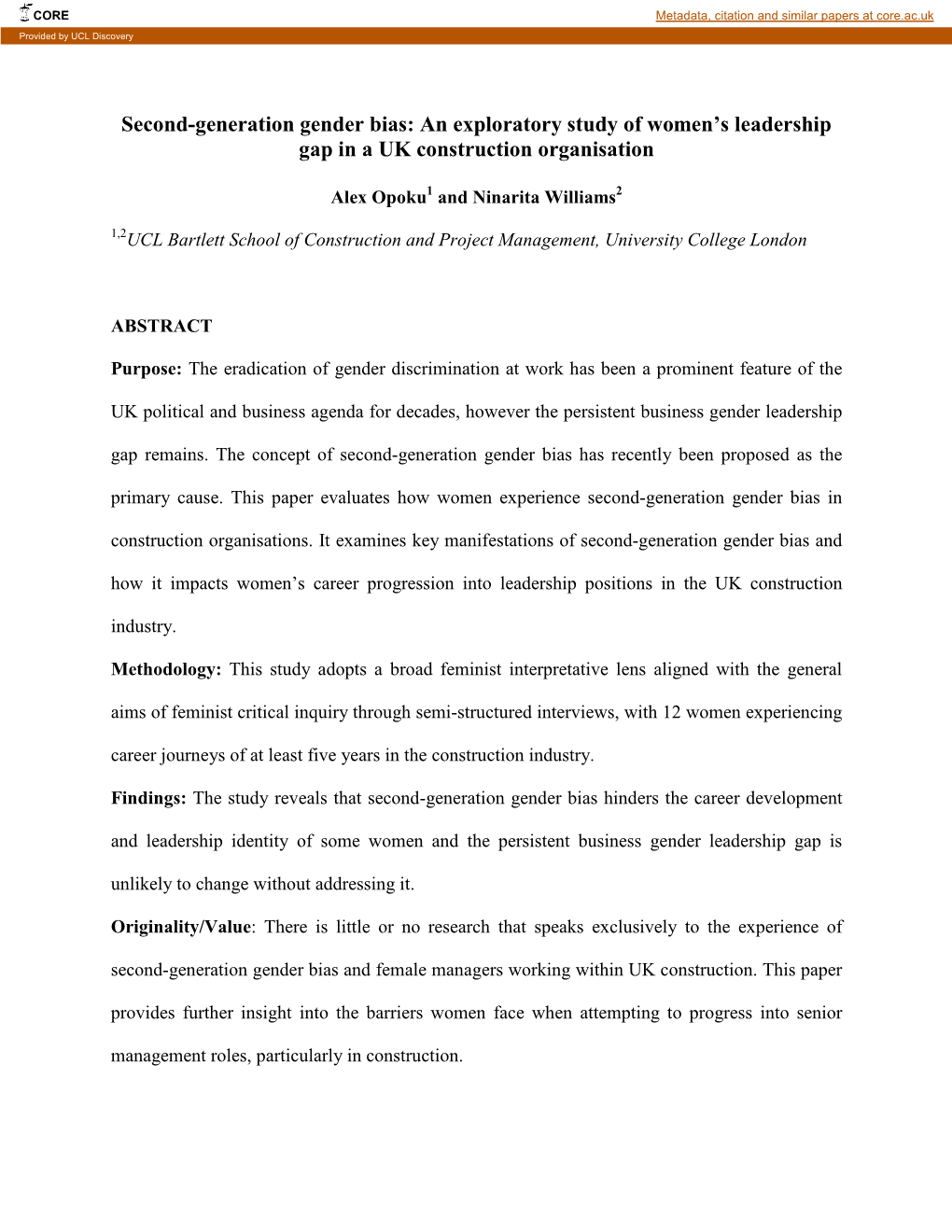 Second-Generation Gender Bias: an Exploratory Study of Women’S Leadership Gap in a UK Construction Organisation