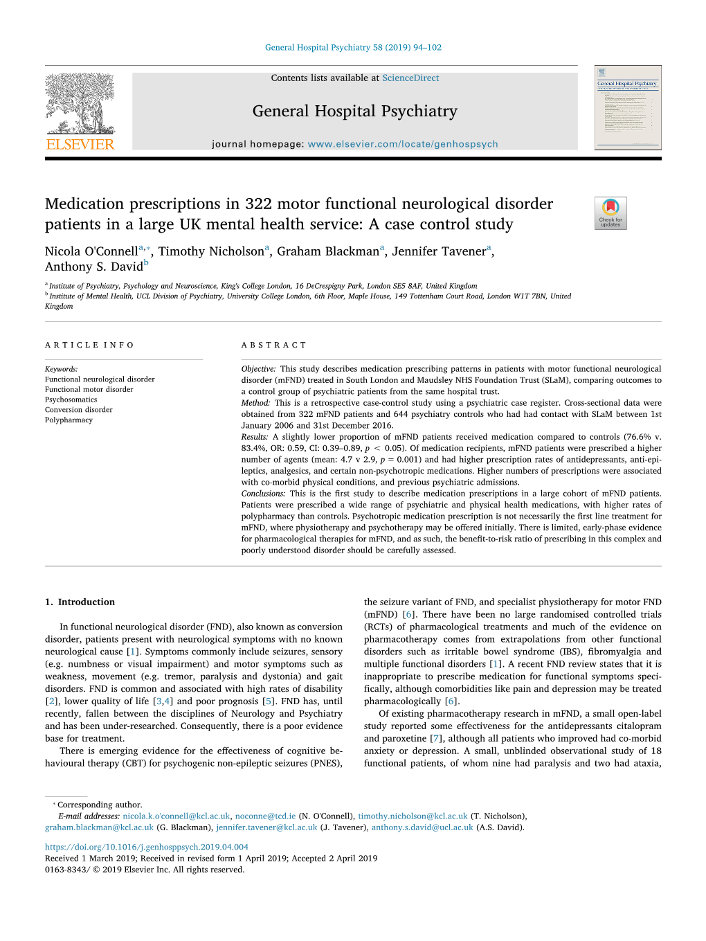 Medication Prescriptions in 322 Motor Functional Neurological Disorder