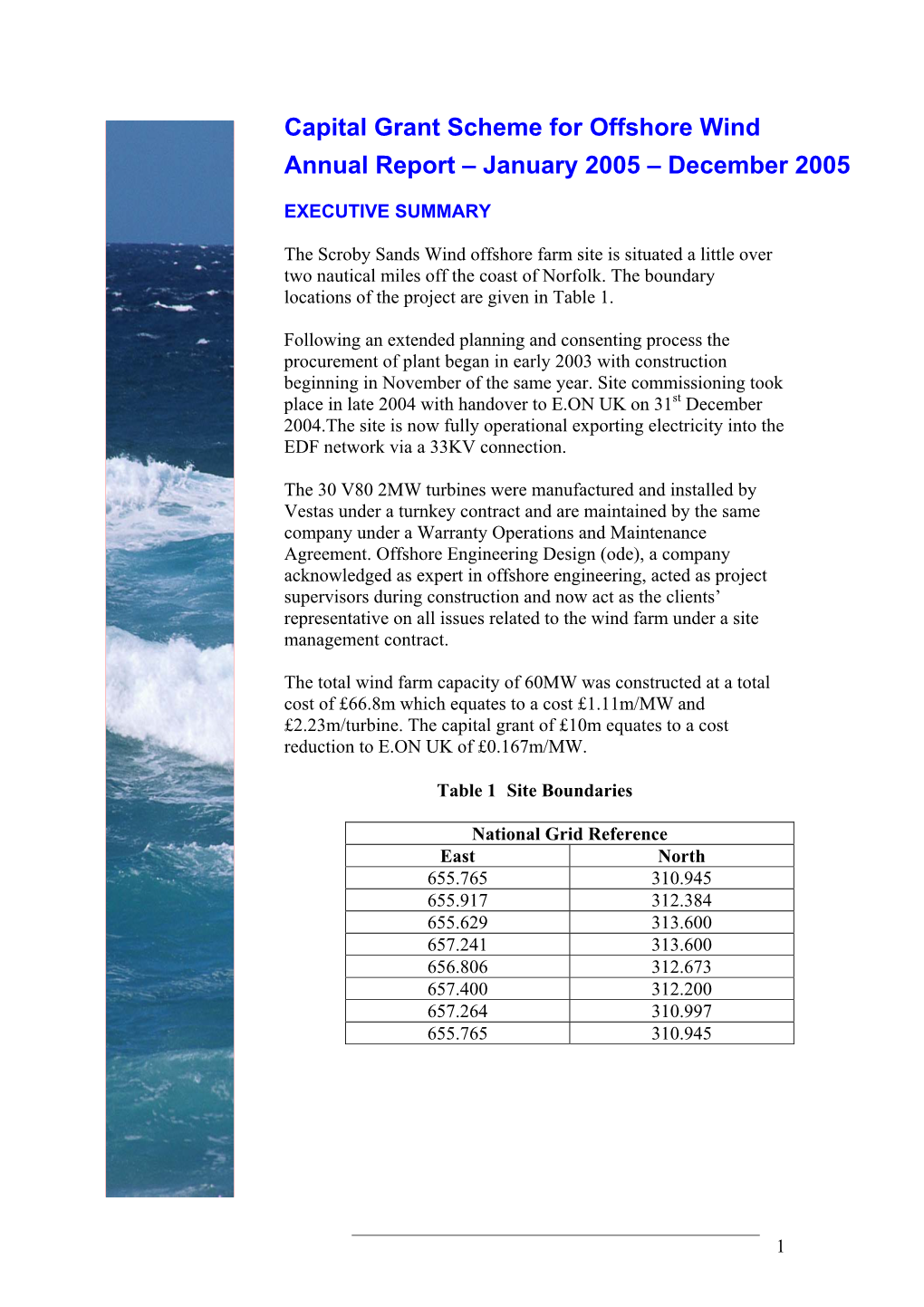 Capital Grant Scheme for Offshore Wind Annual Report – January 2005 – December 2005