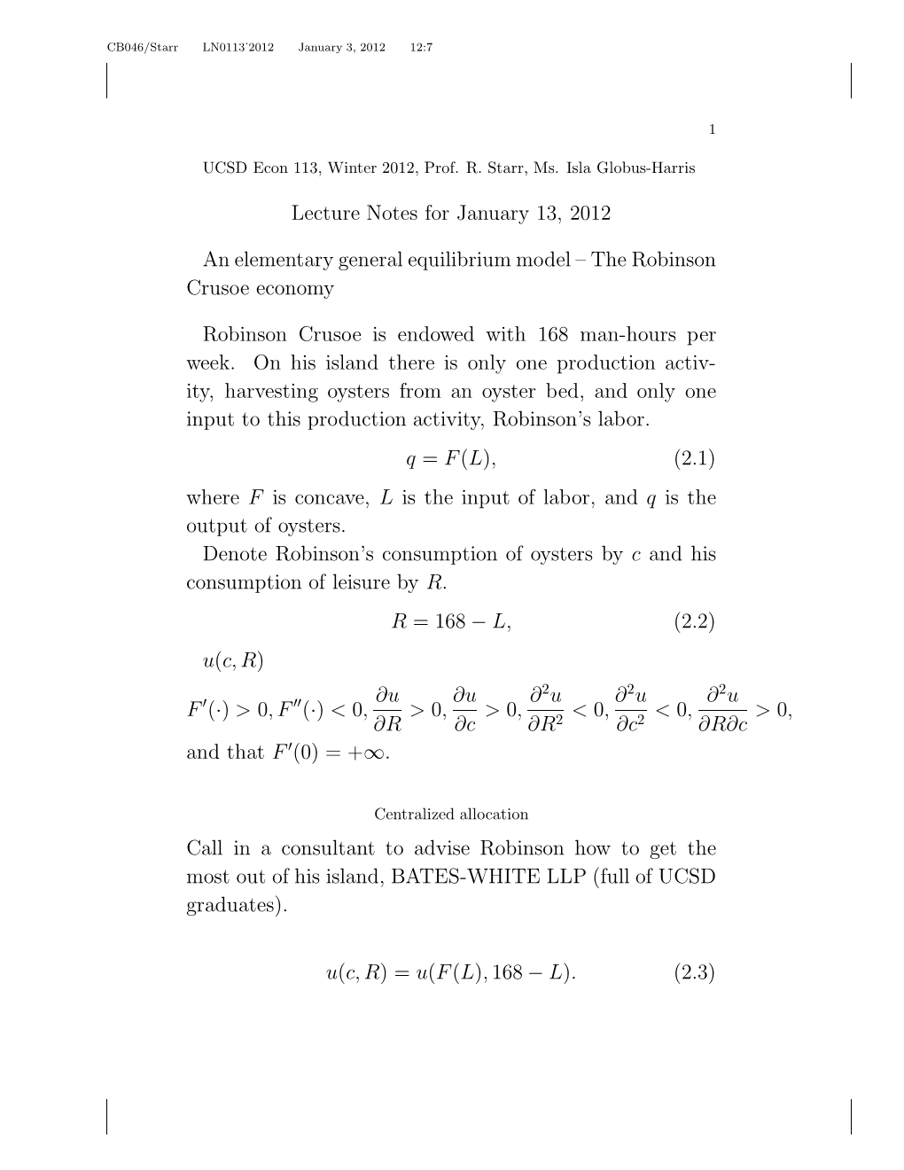 Lecture Notes for January 13, 2012