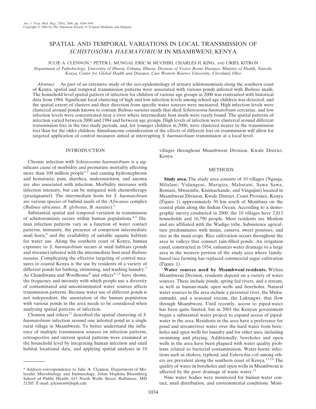 Spatial and Temporal Variations in Local Transmission of Schistosoma Haematobium in Msambweni, Kenya