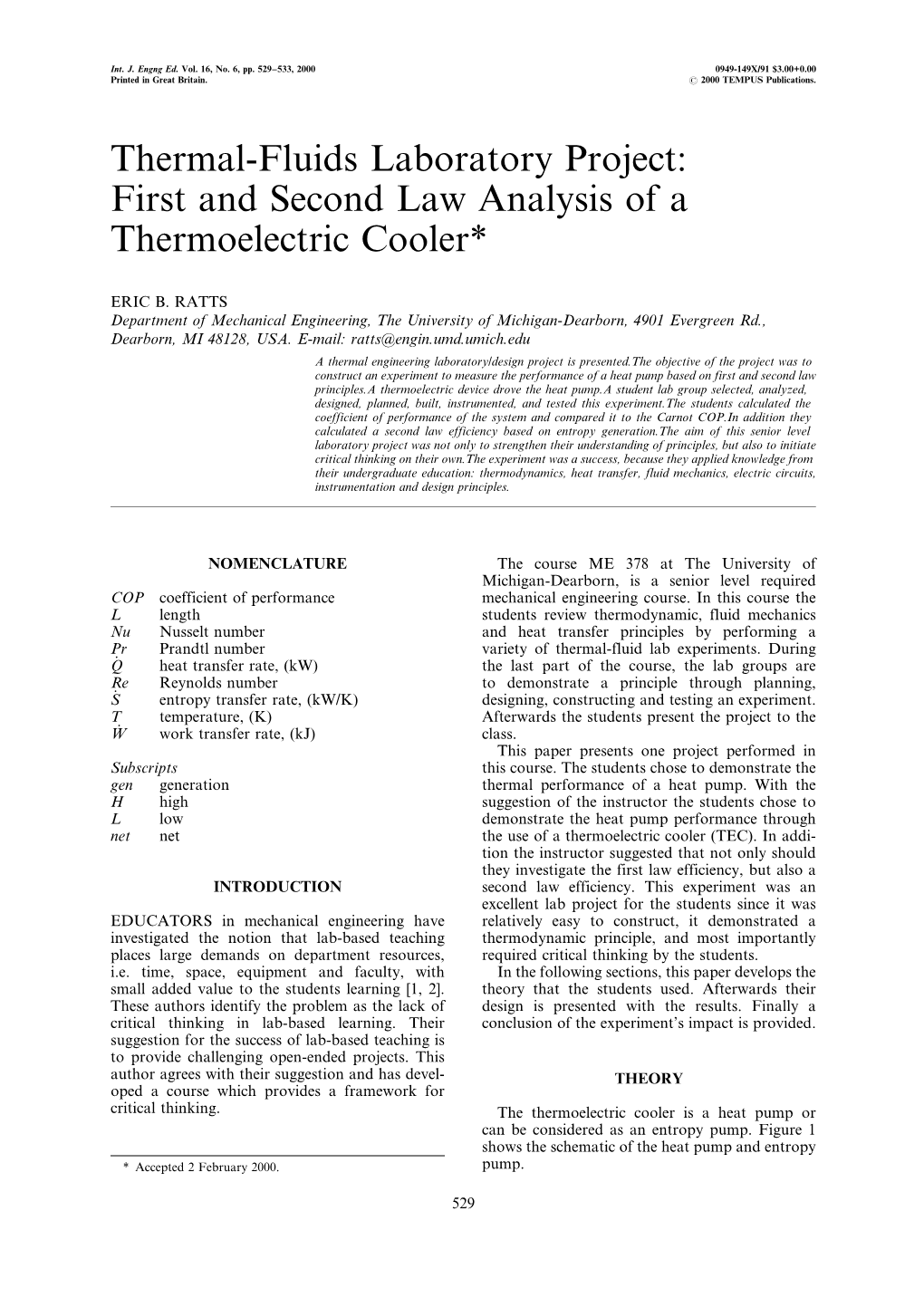 Thermal-Fluids Laboratory Project: First and Second Law Analysis of a Thermoelectric Cooler*