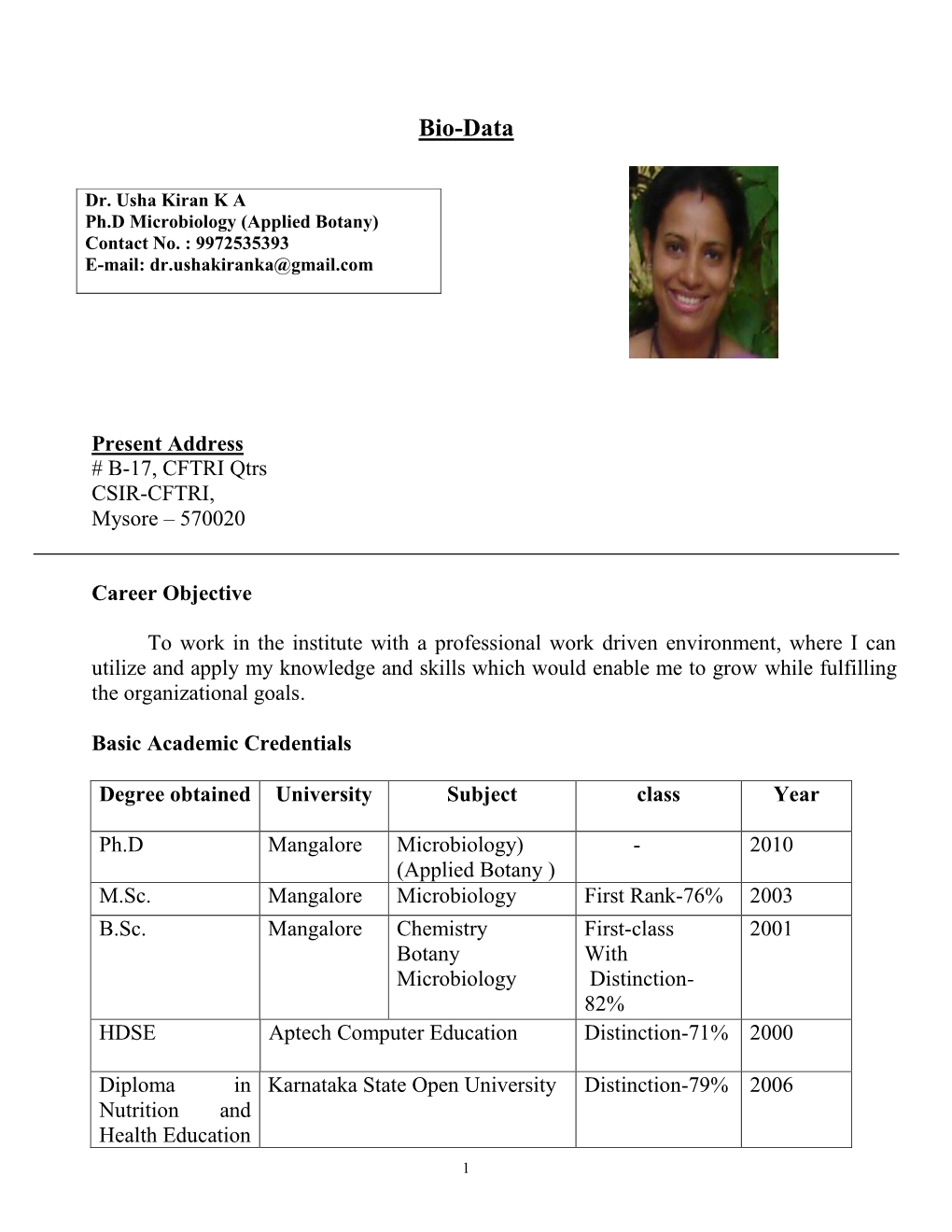 Dr. Usha Kiran KA Ph.D Microbiology (Applied Botany) Contact
