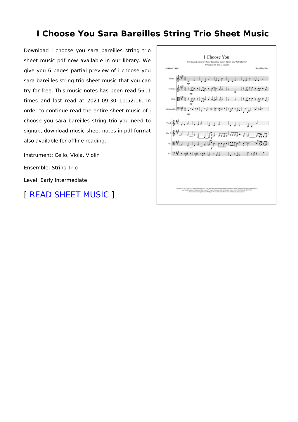 I Choose You Sara Bareilles String Trio Sheet Music