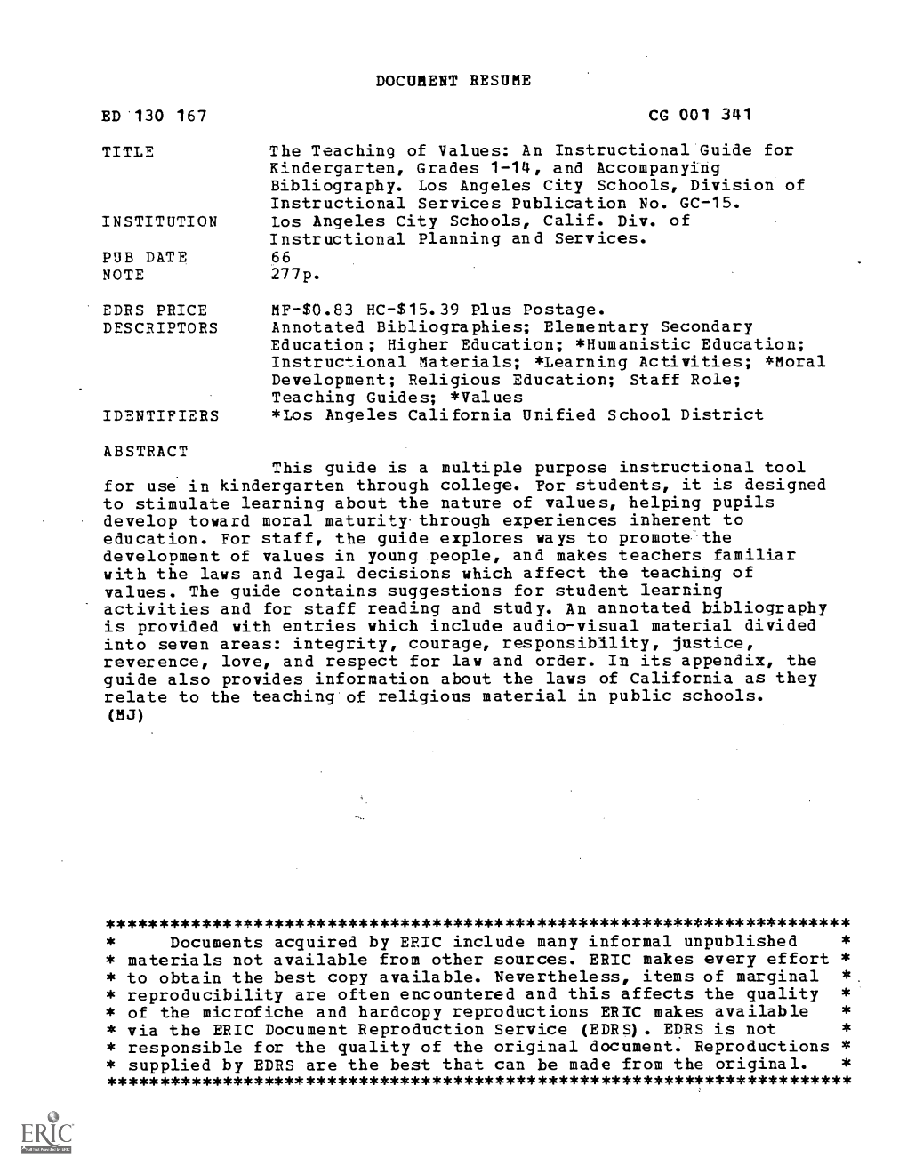 Document Resume Ed 130 167 Cg 001 341 Title