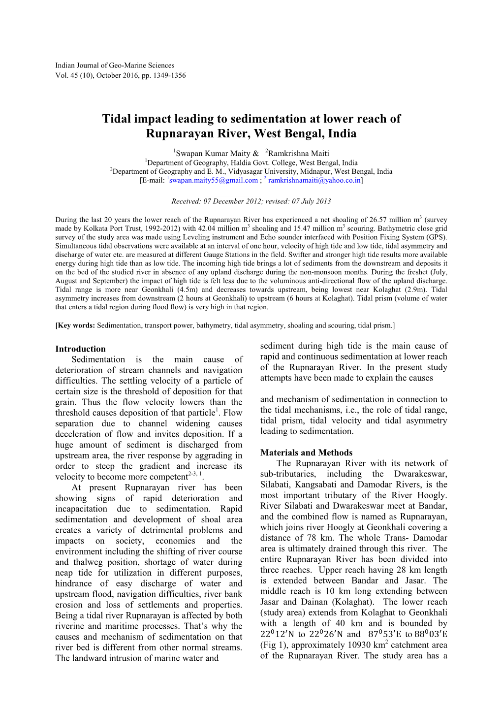 Tidal Impact Leading to Sedimentation at Lower Reach of Rupnarayan River, West Bengal, India