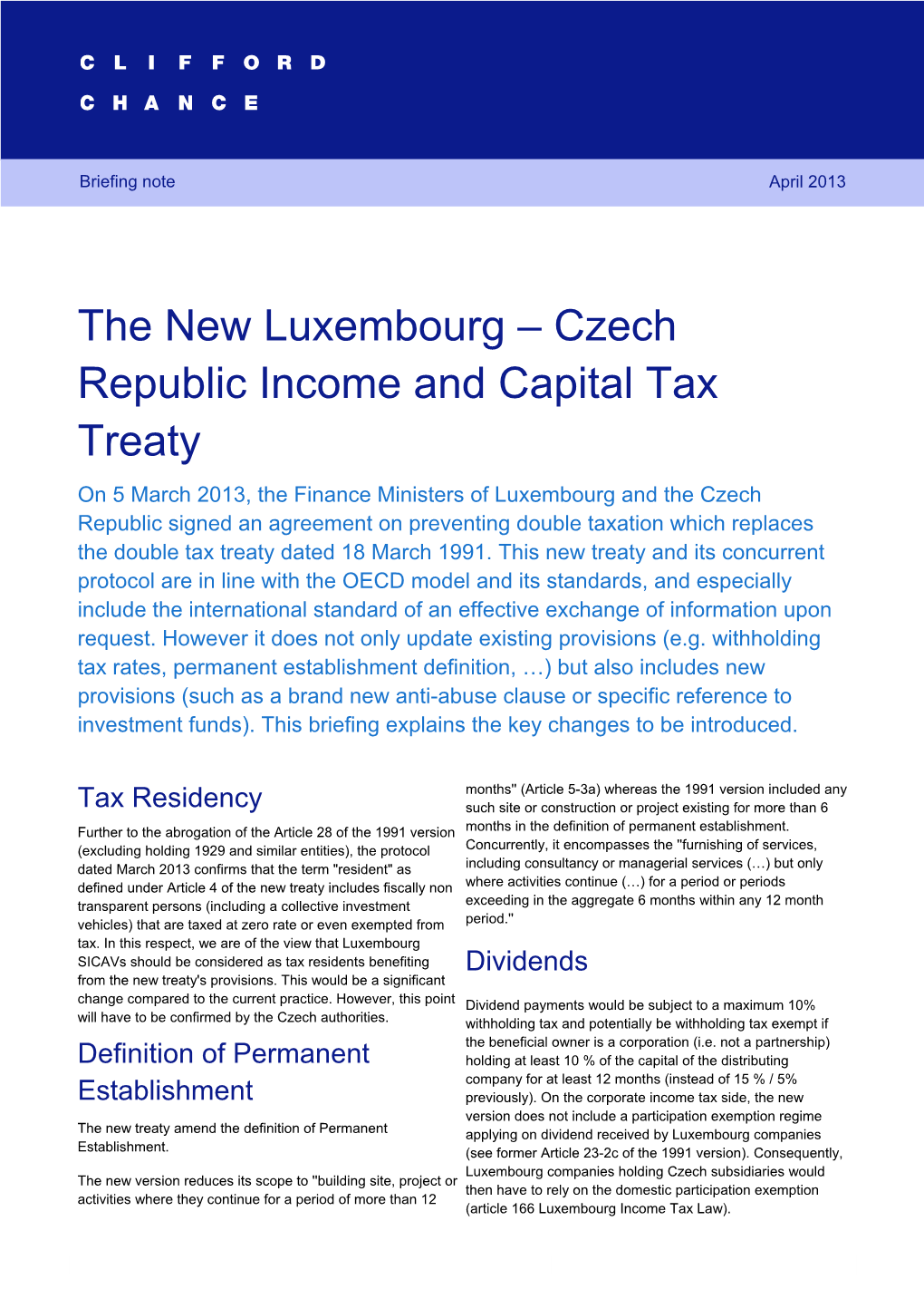 Czech Republic Income and Capital Tax Treaty 1