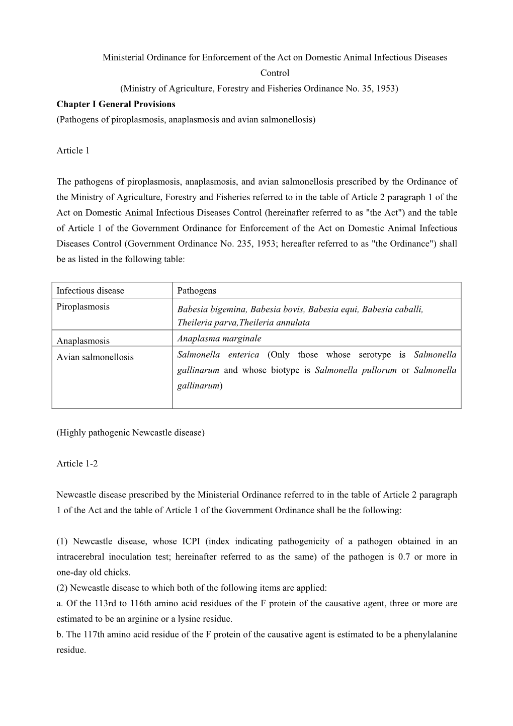 Ministerial Ordinance for Enforcement of the Act on Domestic Animal Infectious Diseases Control (Ministry of Agriculture, Forestry and Fisheries Ordinance No