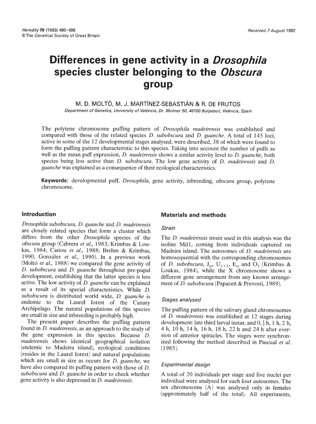 Differences in Gene Activity in a Drosophila Species Cluster Belonging to the Obscura Group